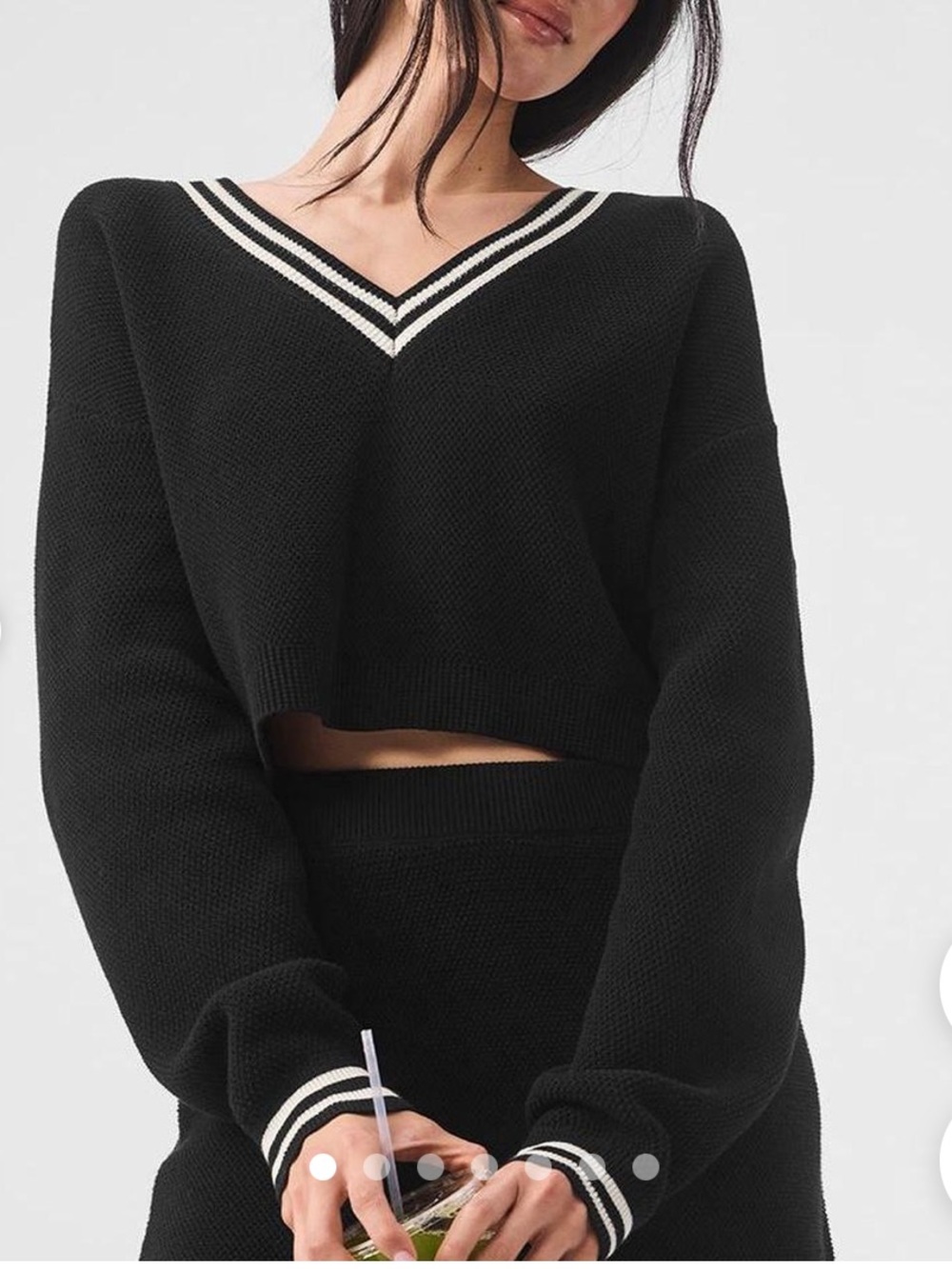 Alo Yoga Tennis Club V-Neck Black Ivory Trim Cropped Sweater M